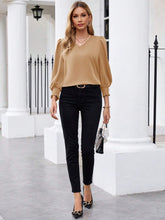 EMERY ROSE Women's Casual V-Neck Lantern Sleeve Elegant Simple Blouse, Autumn